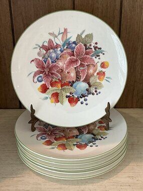 Royal Kent Staffordshire Fruit Floral Salad Plates Set 6 Bone China Green Rim 8"